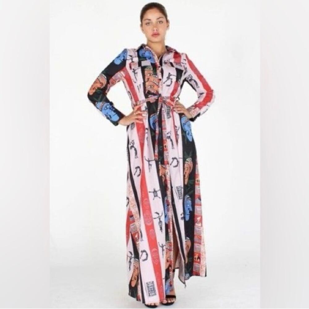 Chic Long Sleeve Maxi Dress in Pink, Blue, and Black